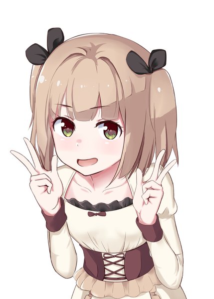 Anime-Bild 619x865 mit new game! doga kobo iijima yun poyano single tall image looking at viewer blush fringe short hair open mouth simple background smile brown hair white background twintails green eyes upper body blunt bangs long sleeves