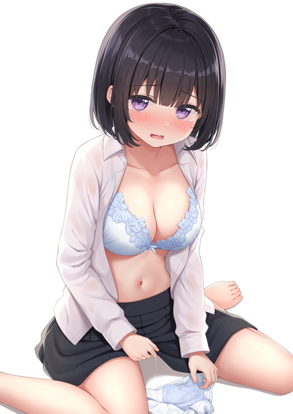 Anime picture 2508x3541 with original inoue yurina karutamo single tall image looking at viewer blush fringe highres short hair breasts light erotic black hair simple background large breasts white background sitting purple eyes cleavage blunt bangs
