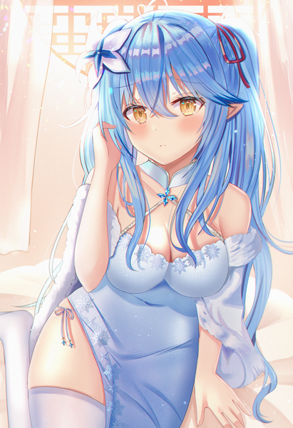 Anime picture 950x1388 with virtual youtuber hololive yukihana lamy nibosi single long hair tall image looking at viewer blush fringe breasts light erotic hair between eyes large breasts sitting bare shoulders yellow eyes payot blue hair cleavage