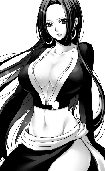 Anime picture 491x800 with one piece toei animation boa hancock jii (waso) single long hair tall image breasts light erotic black hair simple background large breasts standing white background looking away cleavage long sleeves parted lips head tilt lips