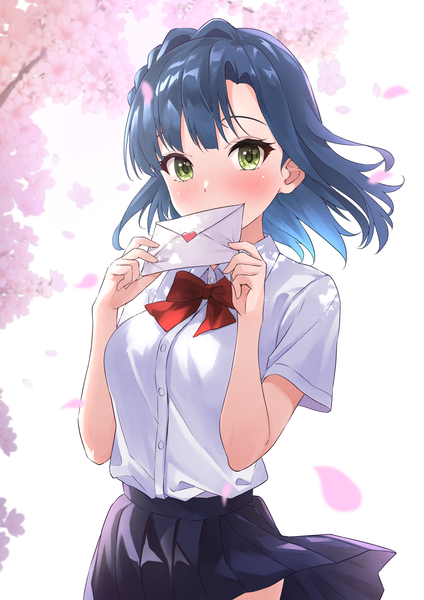 Anime picture 3035x4299 with idolmaster idolmaster million live! nanao yuriko b1ack illust single long hair tall image looking at viewer blush fringe highres simple background standing white background green eyes blue hair absurdres blunt bangs wind short sleeves