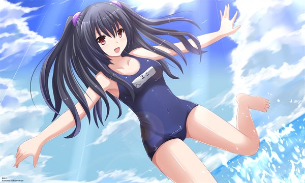 Anime picture 1900x1140 with choujigen game neptune uni (choujigen game neptune) kazenokaze single long hair blush highres open mouth light erotic black hair red eyes wide image sky cloud (clouds) spread arms girl swimsuit sea one-piece swimsuit school swimsuit