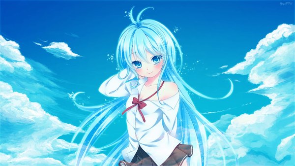 Anime picture 1920x1080 with denpa onna to seishun otoko shaft (studio) touwa erio yayaftw (artist) long hair looking at viewer blush highres blue eyes wide image bare shoulders blue hair sky cloud (clouds) ahoge pleated skirt girl