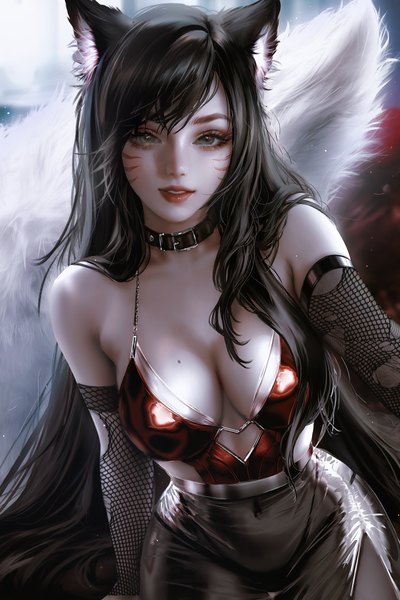 Anime picture 4000x6000 with league of legends ahri (league of legends) nixeu single tall image looking at viewer fringe highres breasts blue eyes light erotic black hair smile large breasts sitting animal ears absurdres tail very long hair parted lips
