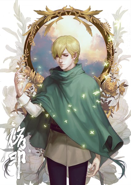 Anime picture 800x1127 with berserk serpico kenny single tall image fringe short hair blue eyes blonde hair hair between eyes standing arm up light smile hieroglyph looking down boy flower (flowers) rose (roses) insect butterfly