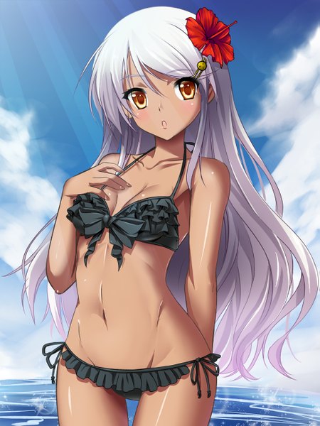Anime picture 975x1300 with original bug (artist) single long hair tall image looking at viewer blush open mouth light erotic yellow eyes sky cloud (clouds) white hair hair flower dark skin girl hair ornament flower (flowers) swimsuit bikini