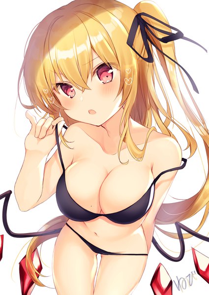 Anime picture 2508x3541 with touhou flandre scarlet nenobi (nenorium) single long hair tall image looking at viewer blush fringe highres breasts open mouth light erotic blonde hair simple background hair between eyes large breasts white background pink eyes from above