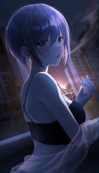 Anime picture 2013x3500 with original myowa single tall image looking at viewer fringe highres short hair open mouth hair between eyes holding upper body indoors fingernails grey hair night grey eyes evening sunset smoke
