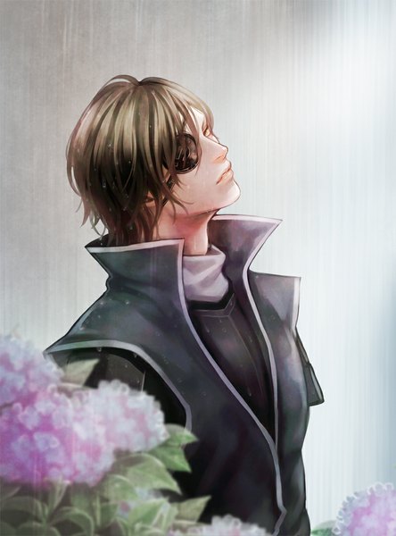 Anime picture 800x1079 with sengoku basara production i.g date masamune (sengoku basara) ttr (artist) single tall image short hair simple background brown hair yellow eyes wet looking up rain boy flower (flowers) armor eyepatch hydrangea