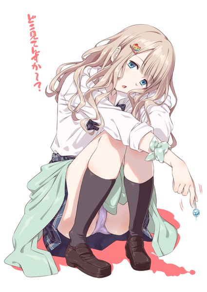 Anime picture 800x1130 with idolmaster idolmaster shiny colors serizawa asahi inu (aerodog) single long hair tall image looking at viewer fringe open mouth light erotic simple background blonde hair white background holding full body ass head tilt :o plaid skirt