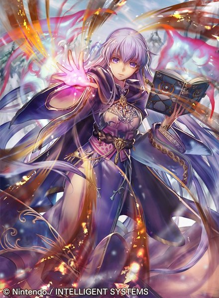 Anime picture 596x811 with fire emblem fire emblem: the binding blade fire emblem cipher nintendo sophia (fire emblem) umiu geso single long hair tall image looking at viewer fringe breasts hair between eyes standing purple eyes holding purple hair long sleeves arm up wide sleeves