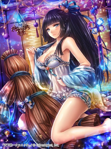 Anime picture 600x800 with original kempin single long hair tall image looking at viewer blush breasts blue eyes light erotic black hair girl ribbon (ribbons) hair ribbon candle (candles) nightie