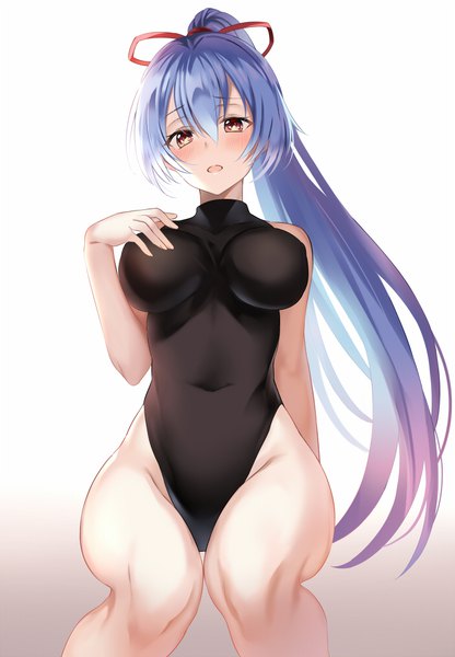 Anime picture 700x1010 with fate (series) fate/grand order tomoe gozen (fate) harimoji single long hair tall image looking at viewer blush fringe breasts open mouth light erotic simple background hair between eyes large breasts sitting bare shoulders brown eyes silver hair