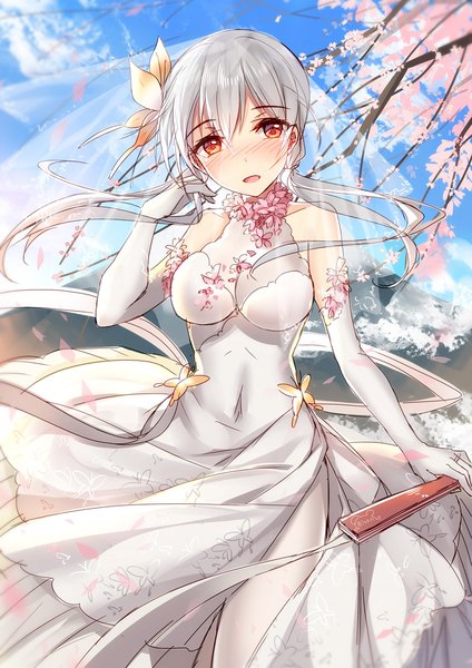 Anime picture 800x1131 with warship girls r yamashiro (warship girls r) bison cangshu single long hair tall image looking at viewer blush fringe breasts open mouth hair between eyes red eyes large breasts twintails holding sky silver hair cloud (clouds) wind