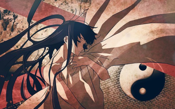 Anime picture 2560x1600 with highschool of the dead madhouse busujima saeko single blush fringe highres light erotic black hair wide image bare shoulders eyes closed very long hair profile sleeping girl gloves leaf (leaves) teardrop