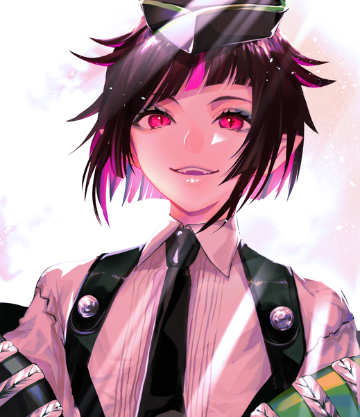 Anime picture 1000x1156 with twisted wonderland lilia vanrouge hitotsuyama jitan single tall image short hair black hair upper body pink eyes multicolored hair pointy ears two-tone hair colored inner hair eyeshadow slit pupils boy hat necktie