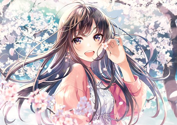 Anime picture 1736x1228 with original morikura en single long hair looking at viewer blush fringe highres open mouth smile brown hair holding brown eyes sky upper body outdoors :d wind blurry open clothes