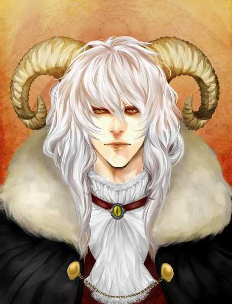 Anime picture 1805x2366 with original antique-teacup single long hair tall image highres yellow eyes white hair horn (horns) realistic boy fur neckerchief