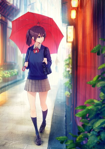 Anime picture 2894x4093 with original yuranpo single tall image highres short hair blue eyes signed looking away purple hair full body outdoors ponytail pleated skirt plaid skirt rain walking alley girl skirt