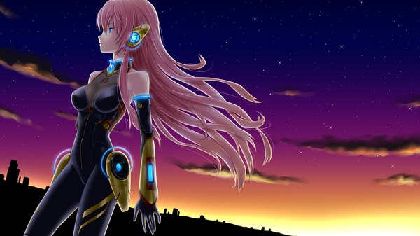 Anime picture 1920x1080 with vocaloid megurine luka asami (undoundo) single long hair highres blue eyes wide image looking away pink hair sky alternate costume evening sunset girl detached sleeves star (stars) pilot suit