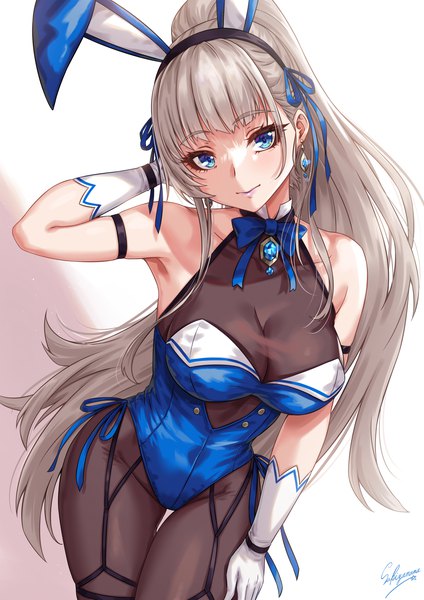 Anime picture 1500x2121 with original sakiyamama single long hair tall image looking at viewer fringe breasts blue eyes light erotic simple background large breasts standing signed animal ears ponytail blunt bangs head tilt arm up grey hair