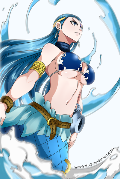 Anime picture 2000x2990 with fairy tail aquarius (fairy tail) hyacinth13 single long hair tall image highres blue eyes light erotic blue hair from below coloring magic fish tail girl earrings water belt jewelry mermaid