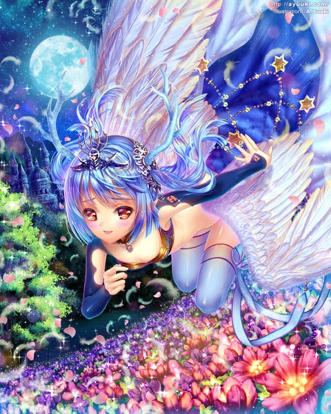 Anime picture 672x840 with original a.yuuki (au7) single long hair tall image blush open mouth smile red eyes purple hair horn (horns) night sparkle night sky angel wings girl thighhighs hair ornament flower (flowers) plant (plants)