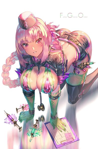 Anime picture 526x800 with fate (series) fate/grand order florence nightingale (fate) florence nightingale (trick or treatment) (fate) yoshimoto (dear life) single long hair tall image looking at viewer breasts light erotic simple background large breasts white background payot pink hair braid (braids) pink eyes shadow copyright name
