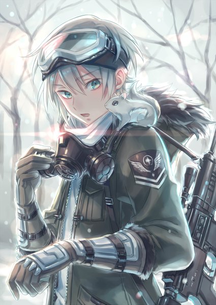 Anime picture 1200x1694 with original zoff (daria) single tall image blush fringe short hair open mouth hair between eyes standing holding green eyes looking away silver hair outdoors fur trim snowing winter bare tree goggles on head