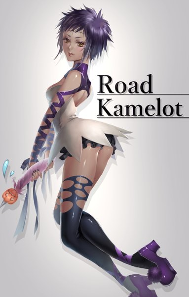 Anime picture 1000x1566 with d.gray-man road kamelot lero turukokoko single tall image blush short hair light erotic simple background smile bare shoulders holding yellow eyes purple hair bent knee (knees) lips inscription grey background high heels