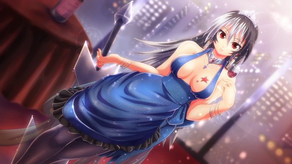 Anime picture 2880x1620 with original tennouji masamichi single long hair highres breasts light erotic red eyes wide image grey hair girl dress weapon sword tiara wine glass