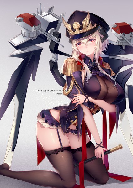 Anime picture 4000x5656 with blue oath prinz eugen (blue oath) melailai single long hair tall image looking at viewer blush fringe highres breasts light erotic simple background blonde hair hair between eyes red eyes large breasts absurdres nail polish parted lips