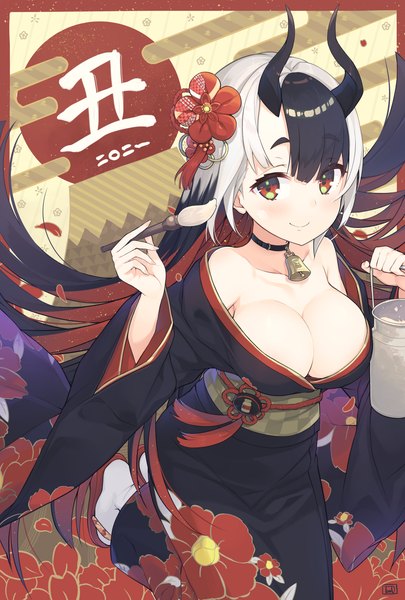 Anime picture 3150x4661 with original tam-u single long hair tall image looking at viewer highres breasts light erotic black hair smile large breasts absurdres cleavage silver hair red hair traditional clothes japanese clothes multicolored hair horn (horns)