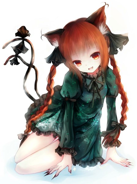 Anime picture 1024x1371 with touhou kaenbyou rin basilis9 single long hair tall image looking at viewer fringe breasts open mouth simple background smile white background sitting animal ears tail braid (braids) nail polish head tilt animal tail