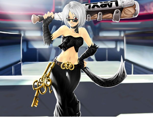 Anime picture 1053x814 with zkrox (artist) short hair smile red eyes bare shoulders white hair girl pants sunglasses key baseball bat