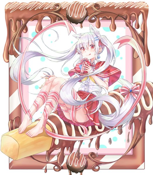 Anime picture 3496x4000 with original kerno single tall image looking at viewer fringe highres smile hair between eyes red eyes twintails animal ears payot absurdres silver hair tail nail polish animal tail pleated skirt barefoot