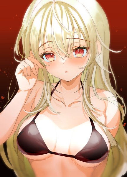 Anime picture 1436x2000 with original emily (pure dream) single long hair tall image looking at viewer blush fringe breasts light erotic blonde hair hair between eyes red eyes large breasts payot upper body gradient background adjusting hair red background halterneck