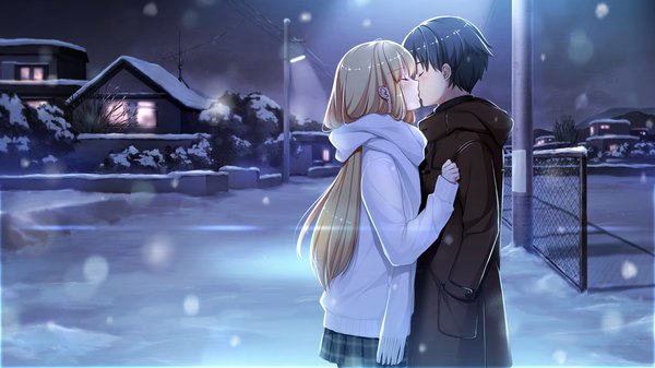 Anime picture 1280x720 with gin'iro haruka bethly rose daisley long hair blush short hair black hair blonde hair wide image game cg eyes closed couple kiss girl boy scarf coat winter clothes