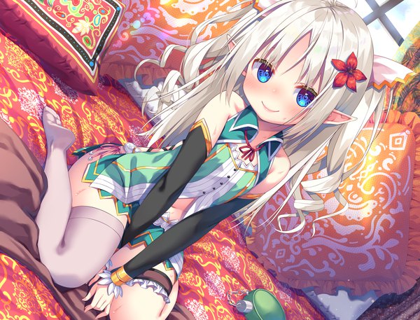 Anime picture 4200x3200 with original asa no ha single long hair looking at viewer blush fringe highres blue eyes smile sitting bare shoulders absurdres silver hair full body bent knee (knees) indoors long sleeves head tilt hair flower