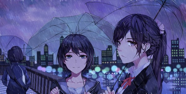 Anime picture 2120x1080 with original lanzero long hair looking at viewer fringe highres short hair blue eyes black hair hair between eyes wide image multiple girls payot upper body outdoors ponytail braid (braids) light smile city rain