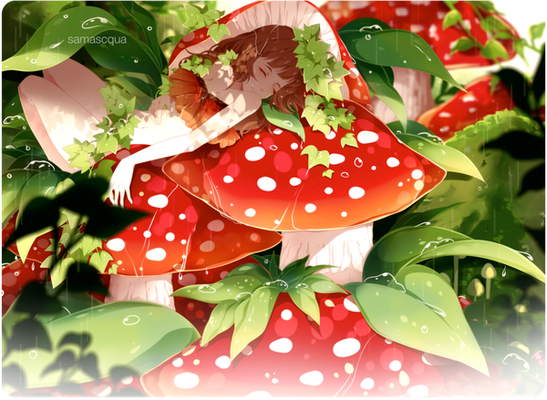 イラスト 1024x750 と オリジナル lady mushroom samascqua ソロ 長髪 赤面 前髪 light erotic 茶色の髪 肩出し signed bent knee (knees) lying blunt bangs eyes closed bare legs bare belly 影 on back turning head