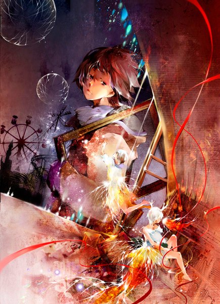 Anime picture 1053x1450 with original deta tall image short hair brown hair white hair barefoot horn (horns) empty picture frame girl boy ribbon (ribbons) umbrella fish (fishes) picture frame ferris wheel