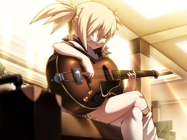 Anime picture 1024x768 with hotel (game) blonde hair twintails game cg eyes closed loli crossed legs short twintails girl thighhighs eyepatch guitar