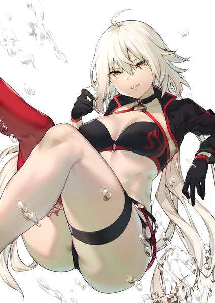 Anime picture 1003x1416 with fate (series) fate/grand order jeanne d'arc (fate) (all) jeanne d'arc alter (fate) jeanne d'arc alter (swimsuit berserker) (fate) itohana single long hair tall image looking at viewer blush fringe breasts light erotic simple background hair between eyes white background yellow eyes ahoge bent knee (knees)