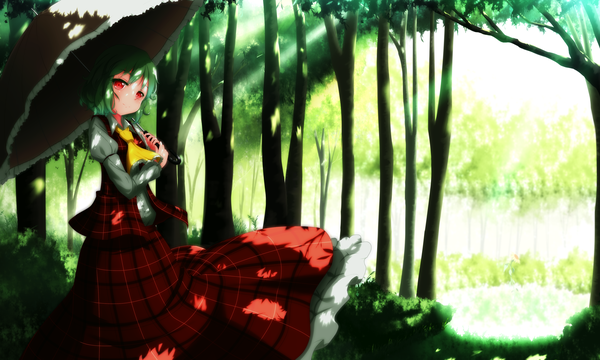 Anime picture 3200x1920 with touhou kazami yuuka hana (0458251551) single looking at viewer highres short hair red eyes wide image green eyes nature girl dress plant (plants) tree (trees) umbrella forest