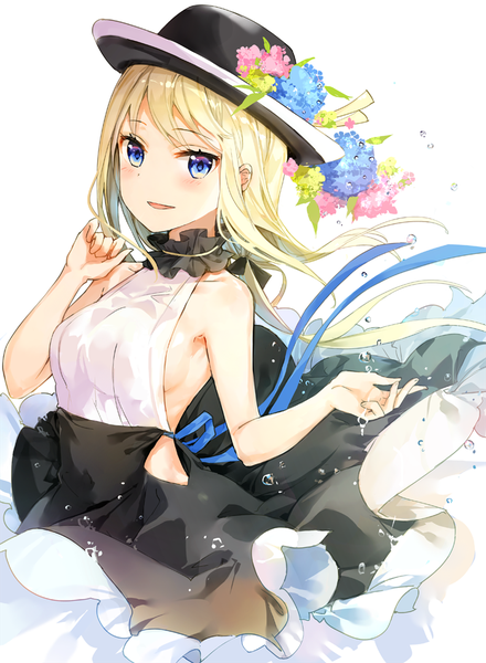 Anime picture 700x955 with original fuumi (radial engine) single long hair tall image looking at viewer blush fringe open mouth blue eyes light erotic blonde hair simple background white background bare shoulders upper body :d hair flower wind no bra