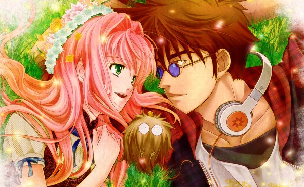 Anime picture 1200x740 with macross macross 7 mylene jenius nekki basara guvava kutsuno long hair blush short hair open mouth brown hair wide image brown eyes green eyes pink hair light smile couple face to face girl dress