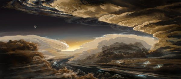 Anime picture 1512x665 with original justinas vitkus wide image sky cloud (clouds) no people landscape river lightning planet