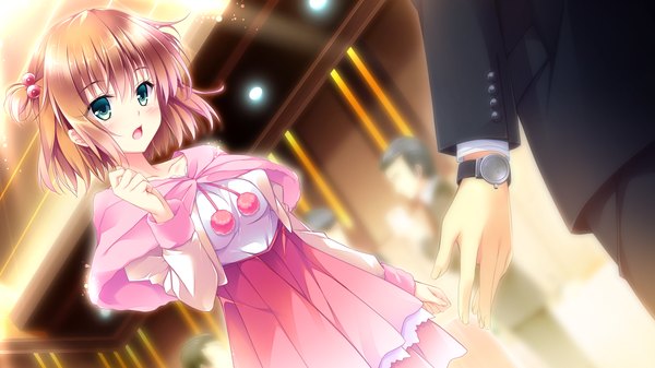 Anime picture 1920x1080 with golden marriage ensemble (studio) tange kasumi blush highres short hair open mouth blue eyes brown hair wide image game cg girl dress boy hair ornament hair tie hair bobbles