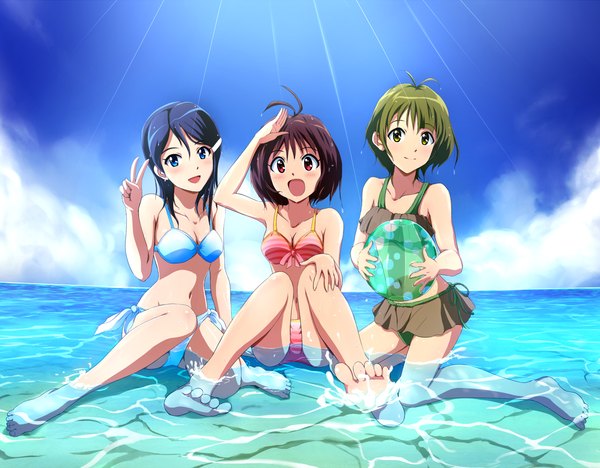 Anime picture 1282x1000 with idolmaster idolmaster dearly stars mizutani eri hidaka ai akizuki ryou hina (araburu-hinadori) short hair blue eyes light erotic red eyes brown hair multiple girls green eyes blue hair cloud (clouds) ahoge green hair legs otoko no ko girl